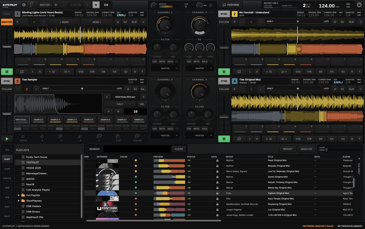 The Syndicate application: four decks, a four-channel mixer and the Browser.