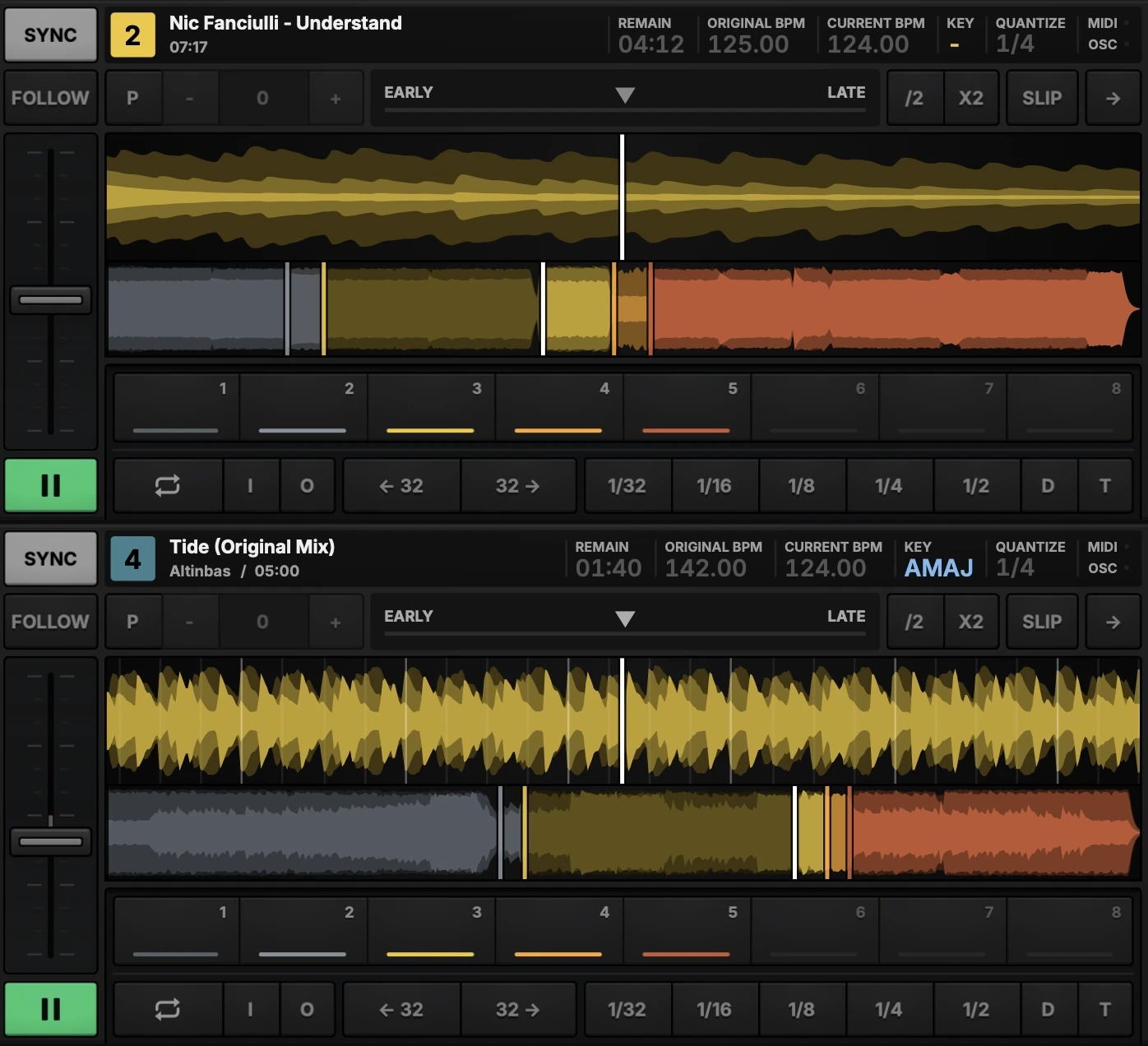Two Syndicate decks, each with a zoomed waveform, the whole track coloured by its analysed sections, eight cue slots, and loop and skip keys.